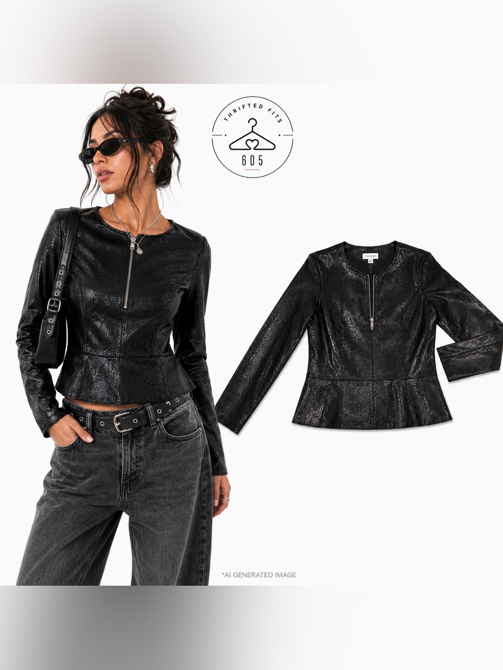 Calvin Klein Black Faux Leather Peplum Jacket with Zip